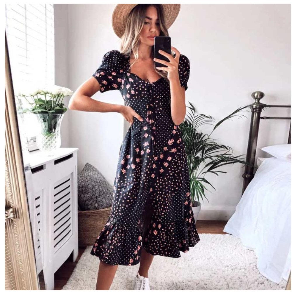 black Boho floral Print Puff sleeve midi dress - Picture 3 of 6